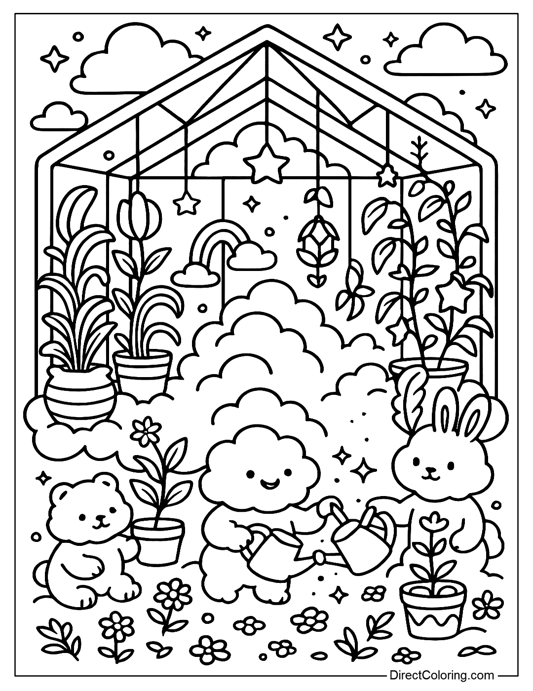 coloring page A greenhouse-shaped cloud filled with whimsical cloud plants like moonflowers, star lanterns, and rainbow vines